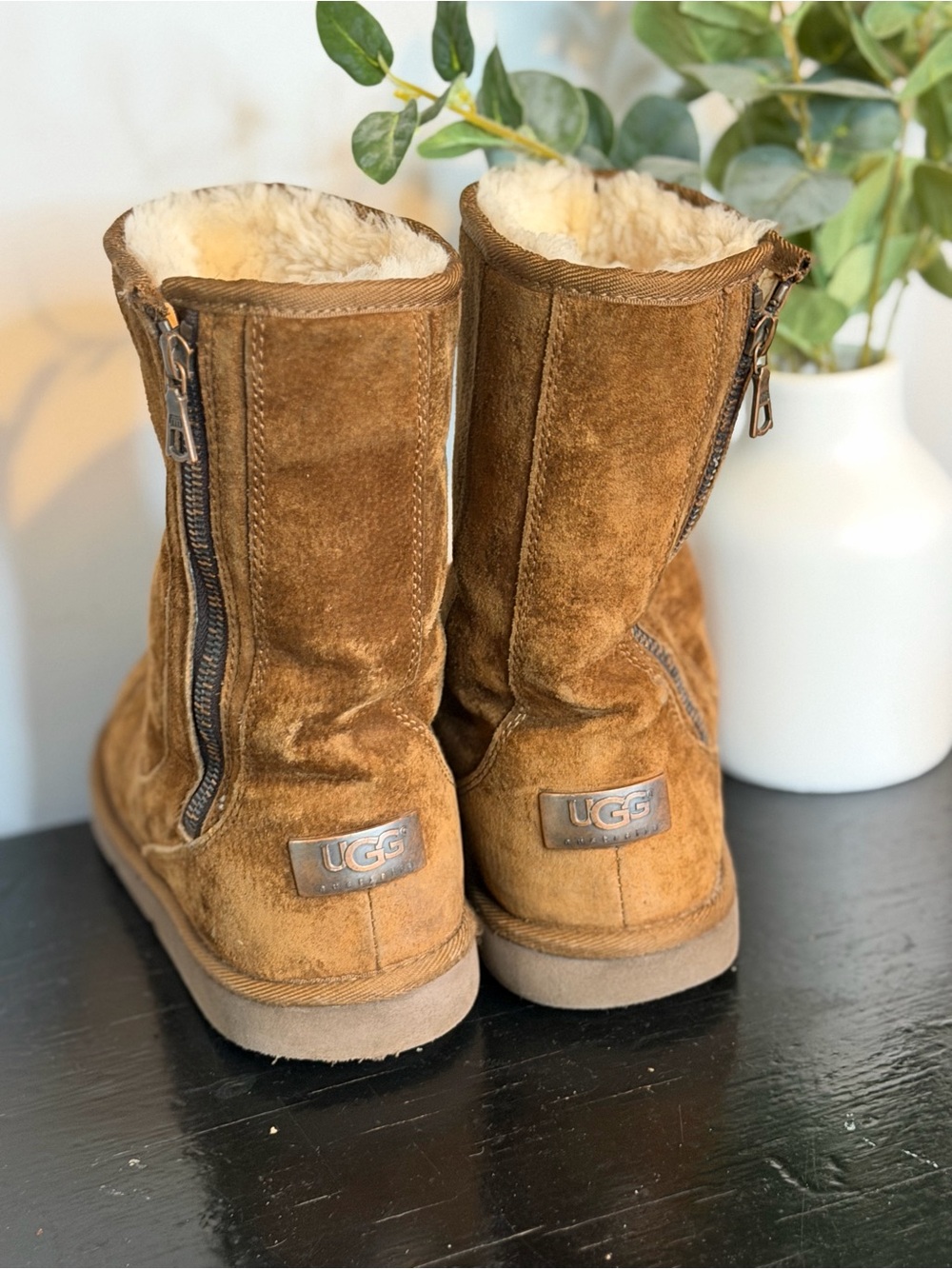 UGG Chestnut Brown Suede Shearling Short Zip Boots